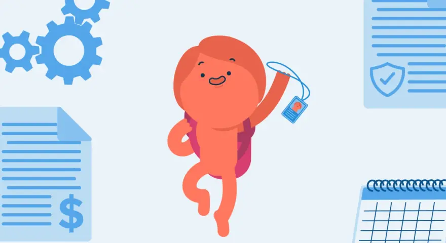 Fröhliche Figur mit Ausweis und Rucksack, bereit für ein freiwilliges Praktikum. Zahnräder, Dokumente und Kalender symbolisieren den Start.