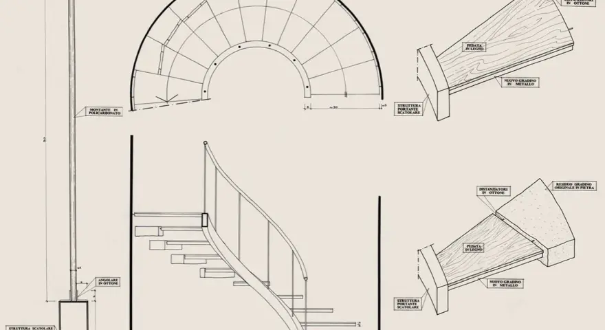 Disegno tecnico di una scala a chiocciola con dettagli su materiali e struttura, utile per la normativa scale interne uso privato.