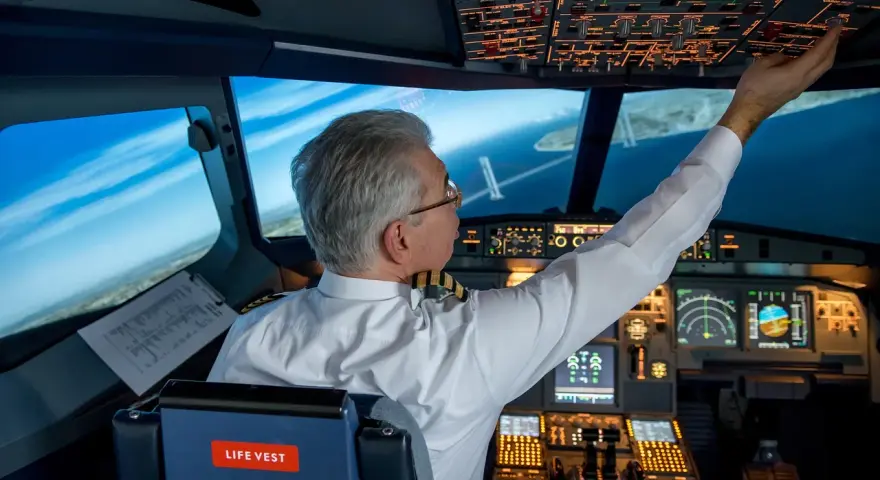 Doświadczony pilot w kokpicie, dotykający panelu sterowania. To inspiracja, jak zostać pilotem samolotu i osiągnąć marzenia o lataniu.