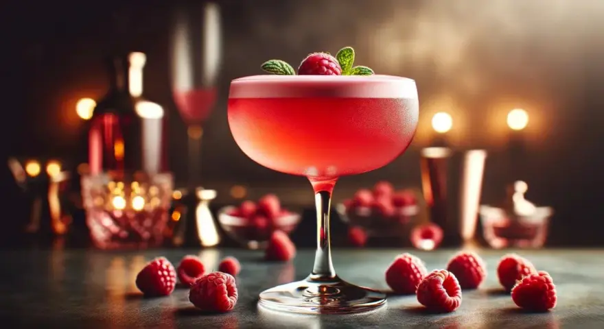 Elegancki Clover Club cocktail, ozdobiony maliną i miętą, otoczony świeżymi malinami.