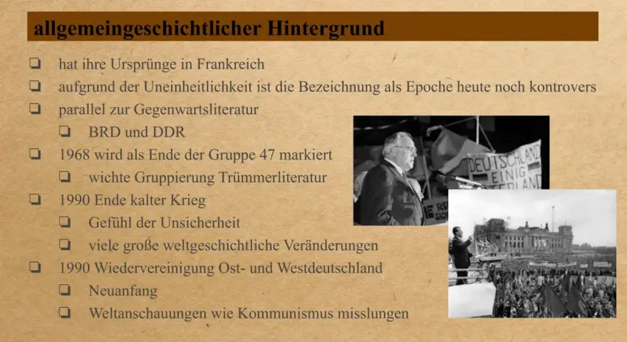 Liste von Stichpunkten zur postmoderne, mit Bildern von Rednern und Menschenmengen, die historische Ereignisse wie die Wiedervereinigung Deutschlands symbolisieren.