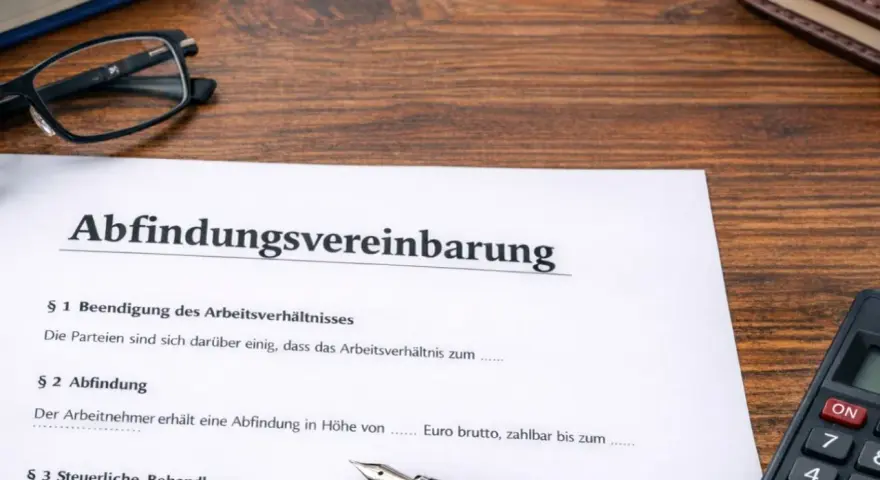 Abfindungsvereinbarung-Muster kostenlos: Dokument mit Klauseln zur Beendigung des Arbeitsverhältnisses und Abfindungshöhe, daneben Brille, Buch und Taschenrechner.