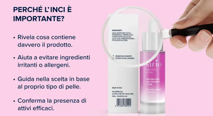 Lente d'ingrandimento su inci prodotti cosmetici, evidenziando la trasparenza degli ingredienti per una scelta consapevole.