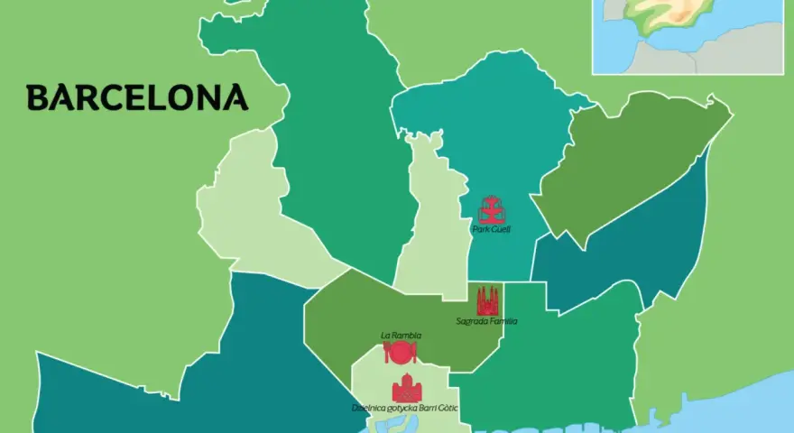 Mapa Barcelony z zaznaczonymi atrakcjami: Park Güell, Sagrada Familia, La Rambla, Dzielnica gotycka Barri Gòtic, promenada. Gdzie jest Barcelona? W Hiszpanii.