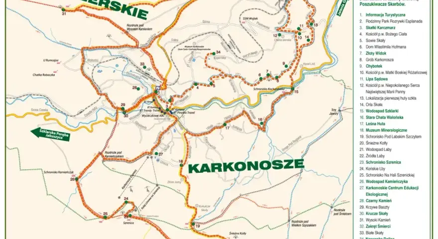 Mapa Karkonoszy i Gór Izerskich z zaznaczonym czerwonym szlakiem turystycznym prowadzącym na Szrenicę.