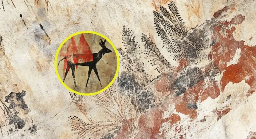 Detalles de diversos tipos de pinturas rupestres, incluyendo un ciervo estilizado en rojo y negro dentro de un círculo amarillo.