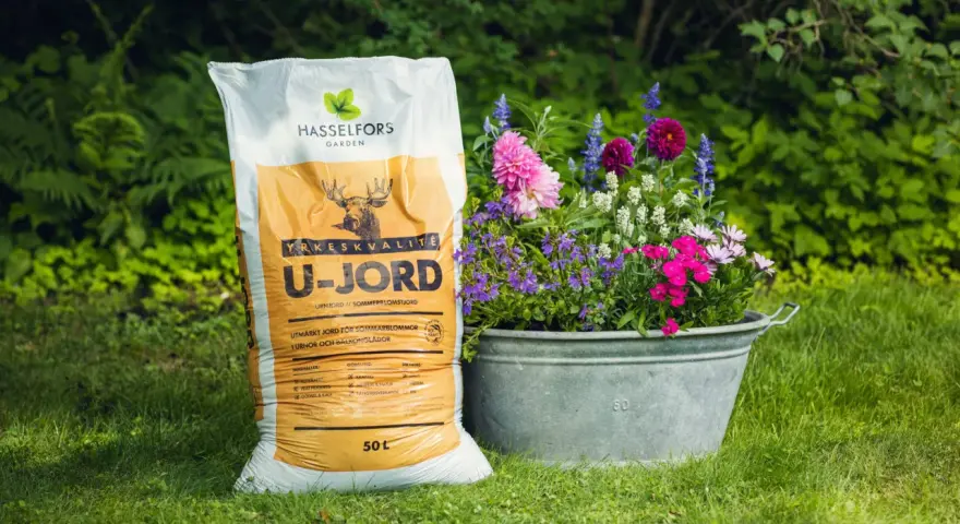En säck U-jord från Hasselfors Garden står bredvid en zinkbalja fylld med färgglada blommor, redo att plantera.