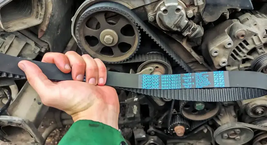 A hand holds a new Dayco drive belt, ready for replacement on a car engine.