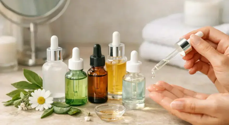 Des flacons de sérum pour visage, dont un est appliqué sur la main, illustrent à quoi sert le sérum pour visage : hydrater et nourrir la peau.
