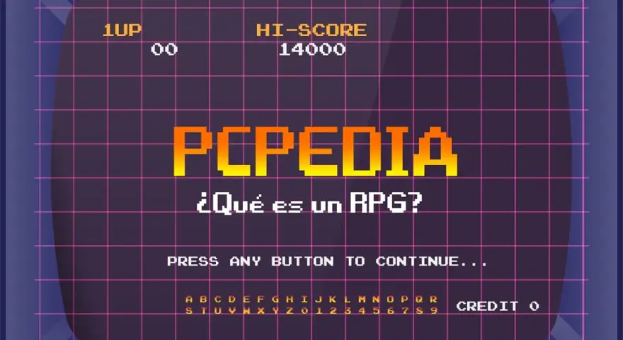 Pantalla de videojuego retro con el título "PCPEDIA" y la pregunta "¿Qué es un RPG?". Muestra puntuación, vidas y créditos.