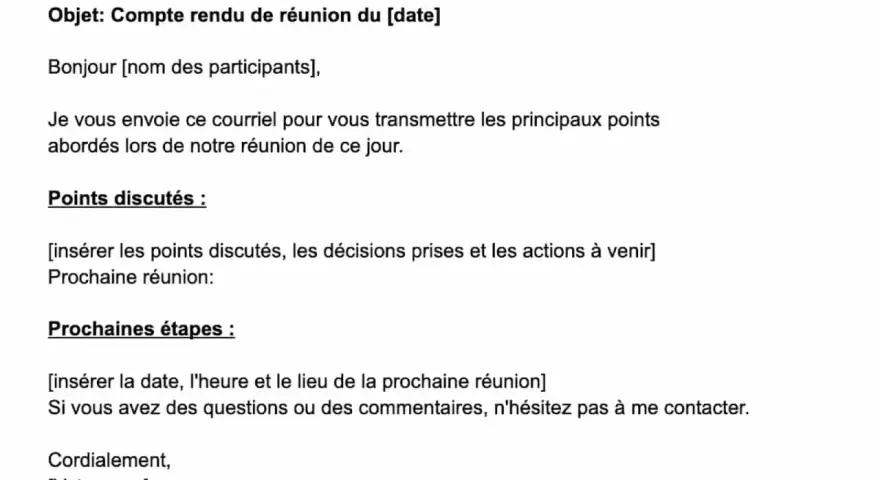 Un exemple de compte rendu synthétique de réunion, détaillant les points discutés, les décisions et les prochaines étapes.