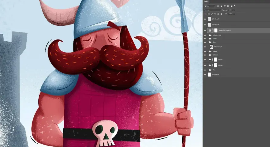 Ilustracja wikinga z brodą i czaszką na pasie, idealna do kursu ilustracji.
