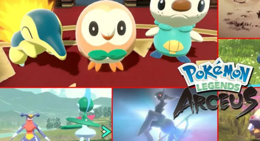 Cyndaquil, Rowlet y Oshawott, junto a Garchomp, Gallade y Arceus, en escenas de Pokémon Legends: Arceus, para una pokedex completa.