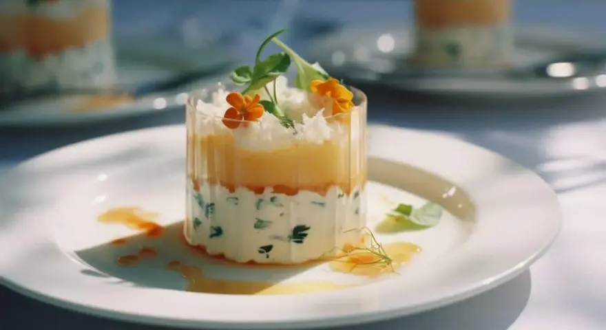 Un amuse-gueule froid à faire la veille : un cylindre de couches crémeuses et fruitées, garni de fleurs comestibles et d'herbes fraîches. Parfait pour un apéritif élégant.