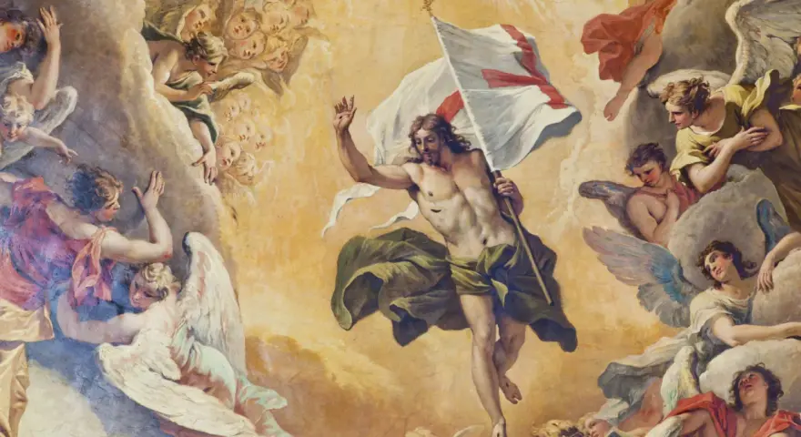 Zmartwychwstały Chrystus z chorągwią zwycięstwa, otoczony przez anioły. Obraz symbolizuje triumf nad śmiercią Jezusa.