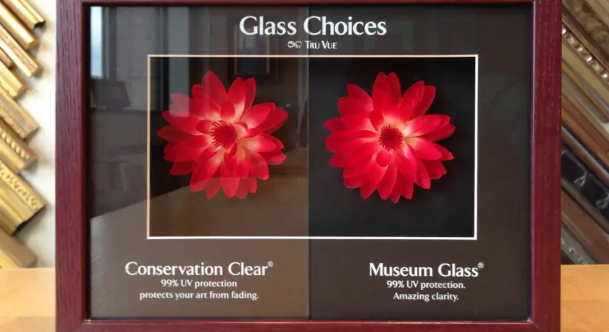 Comparing plexiglass vs glass frame options for art protection. The left shows Conservation Clear, the right Museum Glass, both with red flowers.