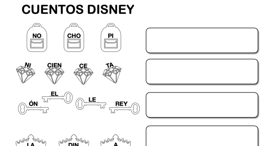 Actividad para desarrollar la conciencia léxica: ordena sílabas (mochilas, diamantes, llaves, coronas) para formar palabras de la familia Disney.
