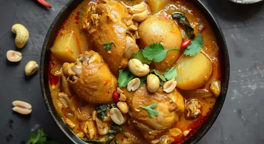 En skål med kyckling i krämig massaman curry, toppad med jordnötter och koriander. Ett läckert massaman curry recept.