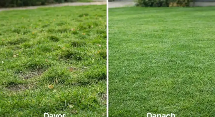 Vorher-Nachher-Vergleich eines Rasens, der mit Blaukorn behandelt wurde. Links der ungepflegte Rasen, rechts der dicht grüne, gesunde Rasen.