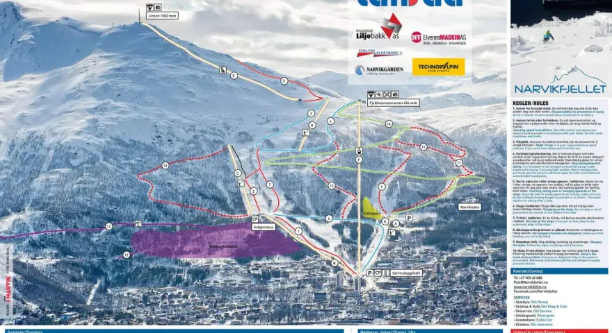 Løypekart för narvik skidåkning med olika pister, liftar och symboler.
