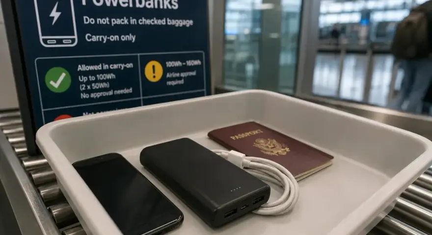 Na lotnisku, w tacce bezpieczeństwa leżą telefon, powerbank i paszport. Tablica informuje o limicie mocy powerbanków w bagażu podręcznym, np. dla Ryanair.