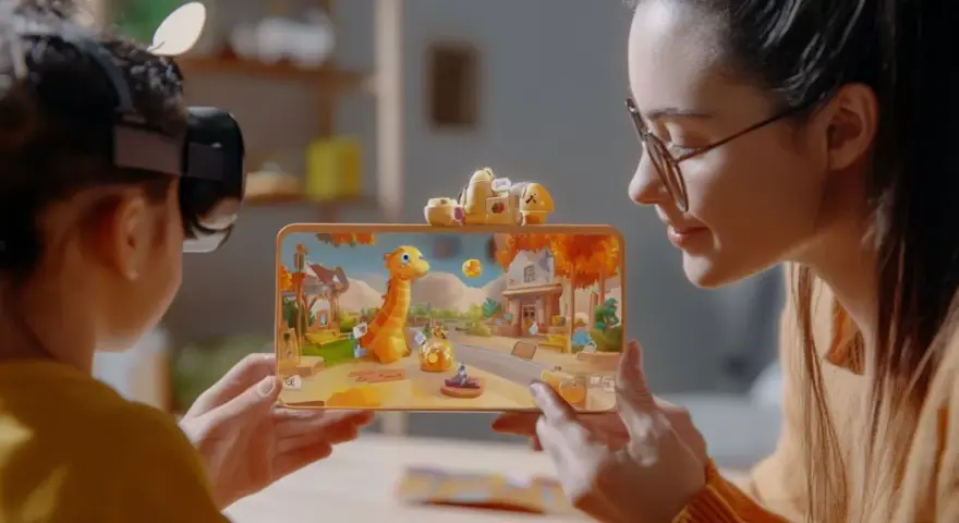 Pokolenie Alfa odkrywa wirtualny świat. Dziecko w goglach VR i mama patrzą na tablet z bajkową grą.
