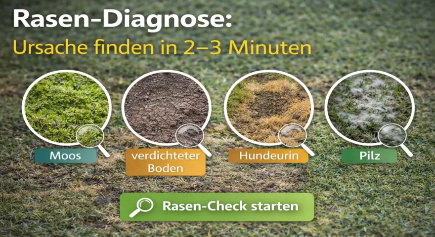 Rasen-Diagnose: Moos, verdichteter Boden, Hundeurin und Pilz sind Ursachen für dickes Gras im Rasen.