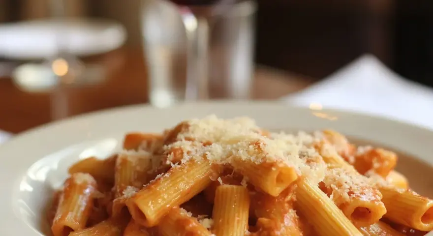 En tallrik rigatoni med krämig tomatsås och parmesanost, perfekt till ett glas vin eller en vodkapasta.