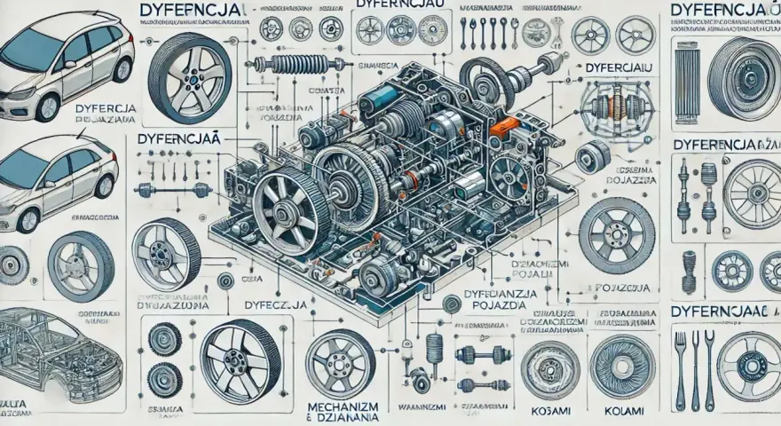 Ilustracja techniczna z przekładnią, kołami i elementami samochodu.