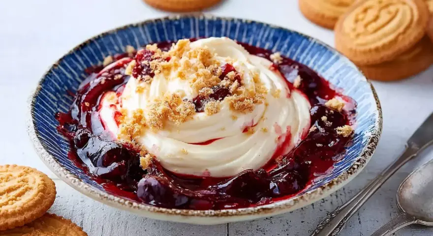 Ein edler Nachtisch: Cremiges Dessert mit Kirschkompott und Keksbröseln in einer blauen Schale, daneben Butterkekse.