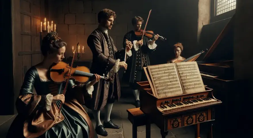 Músicos de época interpretan música en un clavecín y violines, evocando la atmósfera de los compositores del barroco.