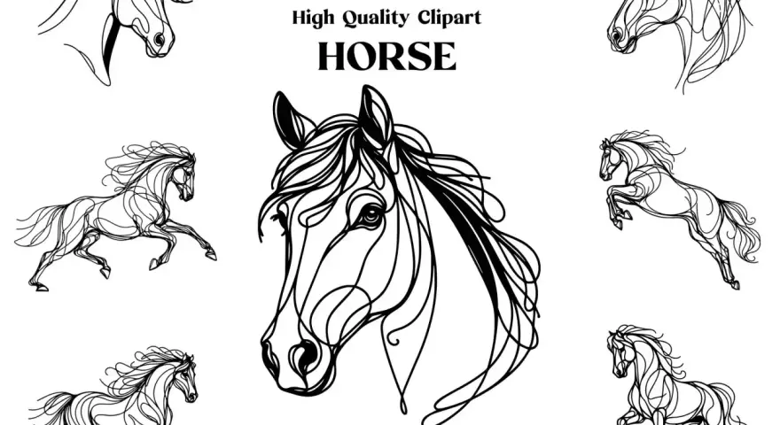 Zestaw eleganckich koników do rysowania w stylu line art. Idealne do projektów graficznych i ozdób.