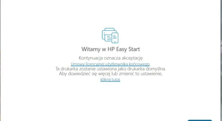Ekran powitalny HP Easy Start do instalacji drukarki HP LaserJet P1102. Kliknij "Kontynuuj" aby zaakceptować warunki.
