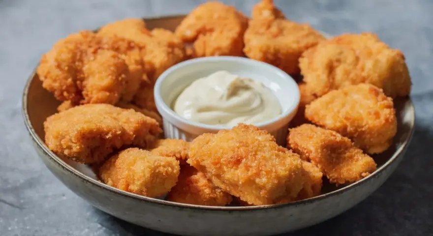 En skål med gyllene, krispiga chicken nuggets och en liten skål med krämig dipp. Perfekt för en snabb och god måltid.