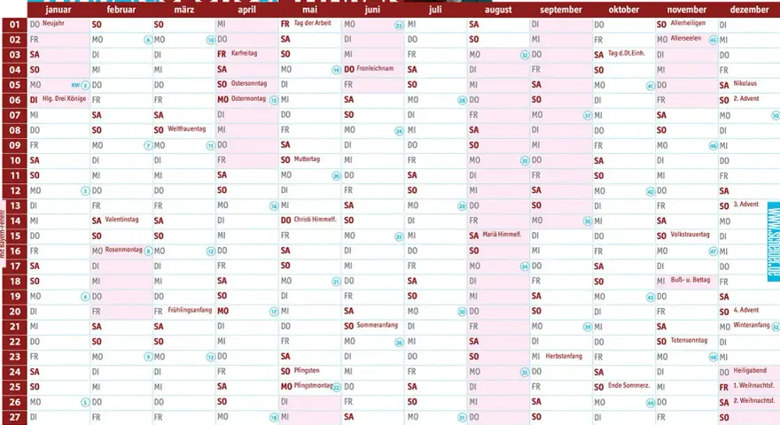 Kalender 2026 mit Monaten, Tagen und Feiertagen in Bayern.