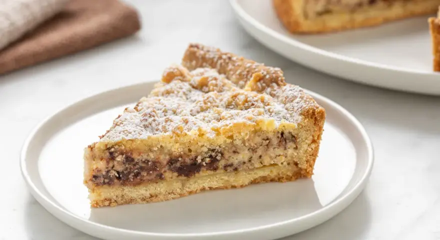 Una fetta di torta ricotta e cioccolato cosparsa di zucchero a velo su un piatto bianco.