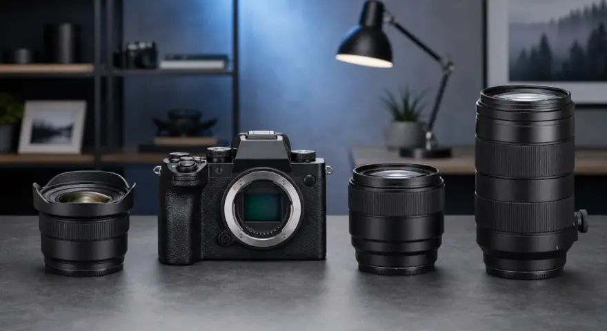 Appareil photo noir avec trois objectifs, prêt pour capturer des moments. La mise au point est essentielle, comme une respiration profonde.