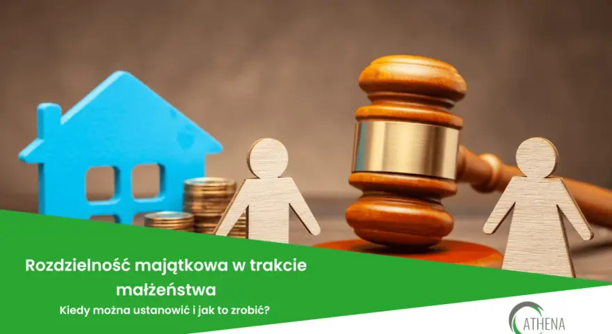 Symboliczne przedstawienie rozdzielności majątkowej: dom, monety, para figur i młotek sędziowski.