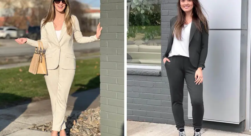 Due donne mostrano un outfit con blazer: una in beige con tacchi, l'altra in grigio scuro con sneakers.
