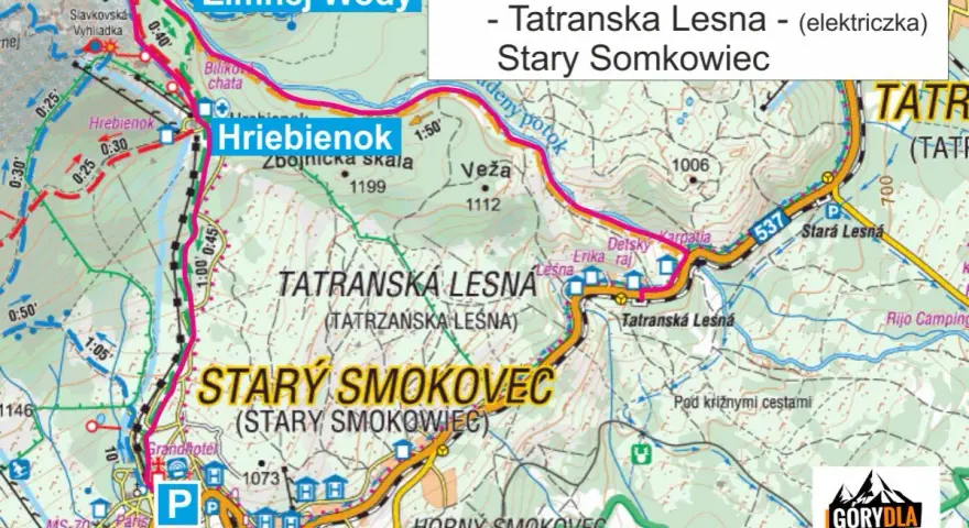 Mapa turystyczna z zaznaczoną trasą od Starego Smokowca przez Hrebienok i Wodospady Zimnej Wody do Tatrzańskiej Leśnej.