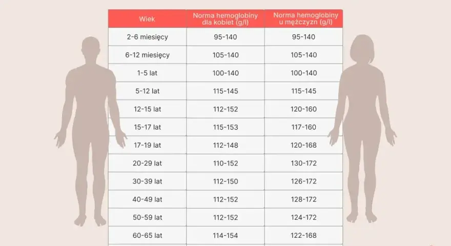 Tabela norm hemoglobiny (hgb) dla kobiet, mężczyzn i dzieci. Morfologia krwi określa te wartości.