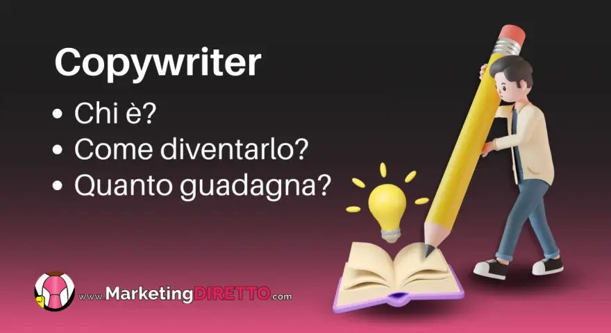 Scopri quanto guadagna un copywriter, chi è e come diventarlo. Un personaggio con una matita gigante scrive su un libro aperto, con una lampadina accesa.