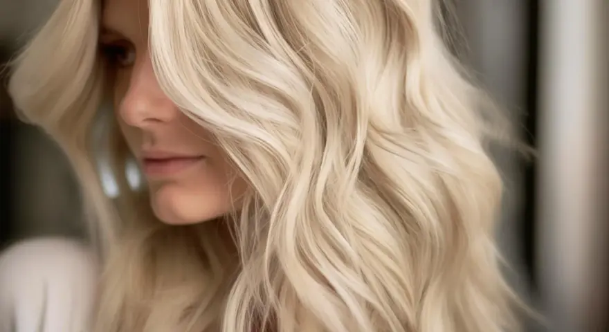 En kvinna med vackert, vågigt hår. Håret har en mellanblond toning på blekt hår, vilket ger en mjuk och naturlig färg.
