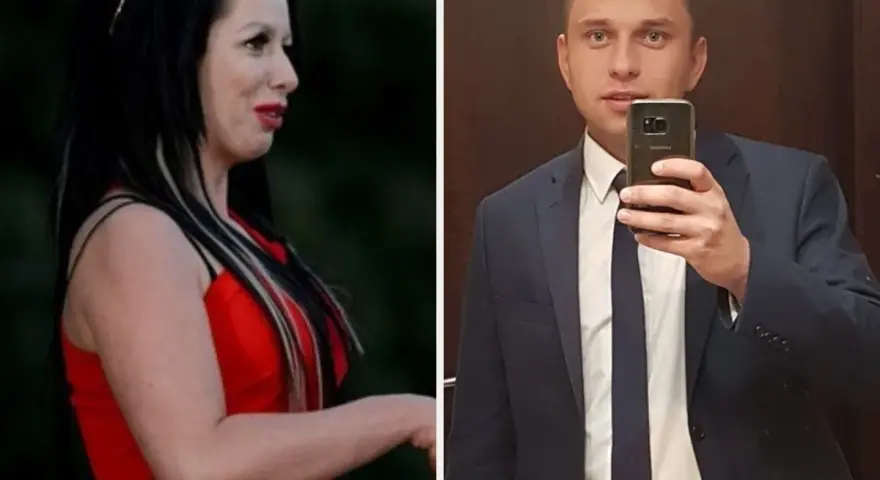 Krzysztof rolnik szuka żony. Obok niego kobieta w czerwonej sukience.
