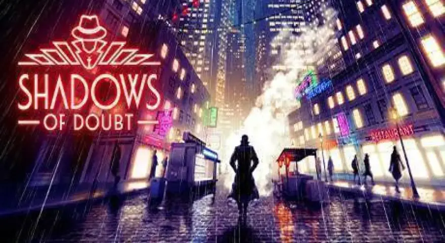 Un detective solitario camina bajo la lluvia en una ciudad nocturna iluminada por neones. El logo de Shadows of Doubt PS4 se cierne sobre la escena.