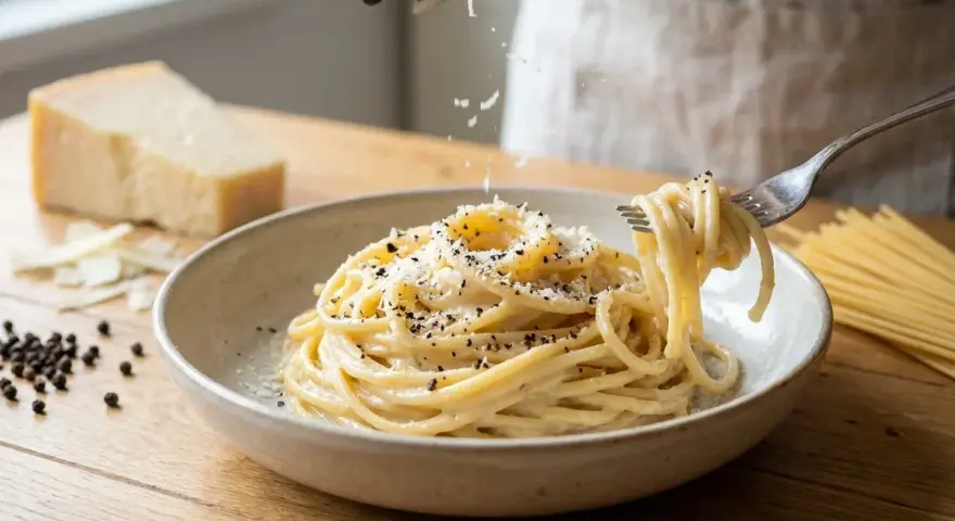 Un plato de cacio e pepe cremoso, con queso rallado cayendo sobre los espaguetis y granos de pimienta negra.