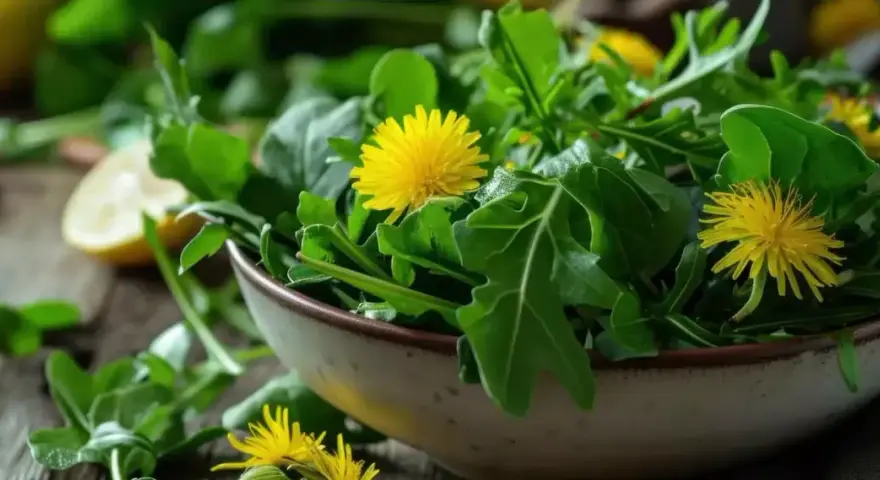 Mniszek lekarski w misce, otoczony liśćmi i cytryną. Jego żółte kwiaty symbolizują słońce i odnowę, a właściwości magiczne od wieków doceniane są w medycynie ludowej.