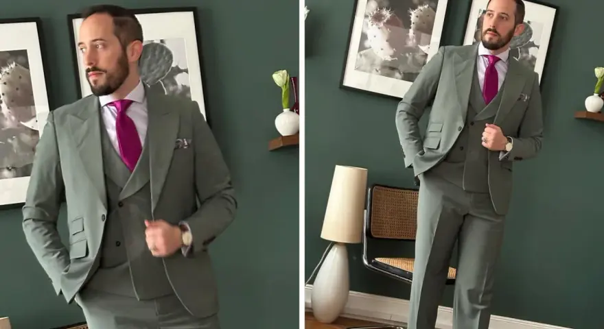 Uomo con abbinamento verde e grigio: completo a tre pezzi, camicia lilla e cravatta fucsia.