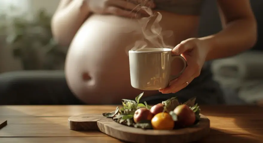 Ciepła herbata w ciąży, parująca z kubka, obok owoców na desce. Chwila spokoju dla przyszłej mamy.