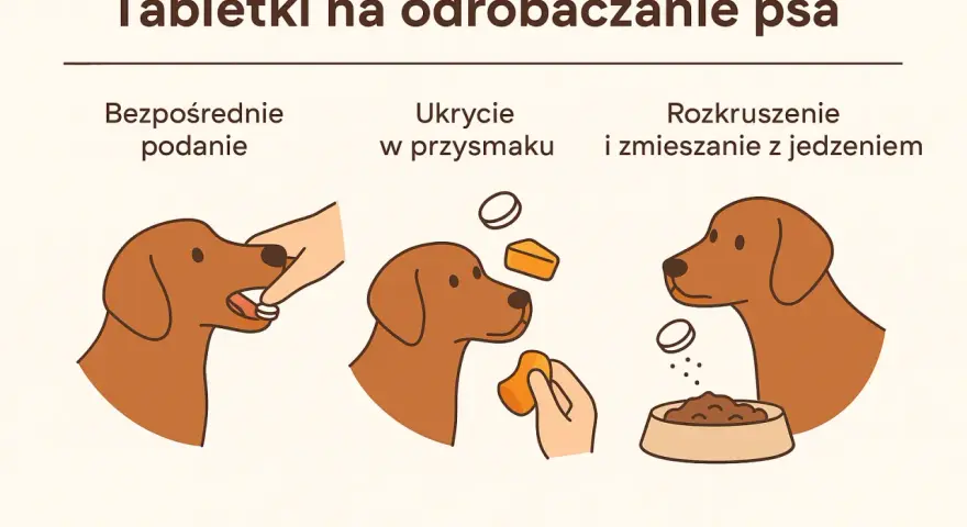 Ilustracja pokazuje trzy sposoby podawania psu tabletki: bezpośrednio, ukrytą w przysmaku i rozkruszoną w jedzeniu.